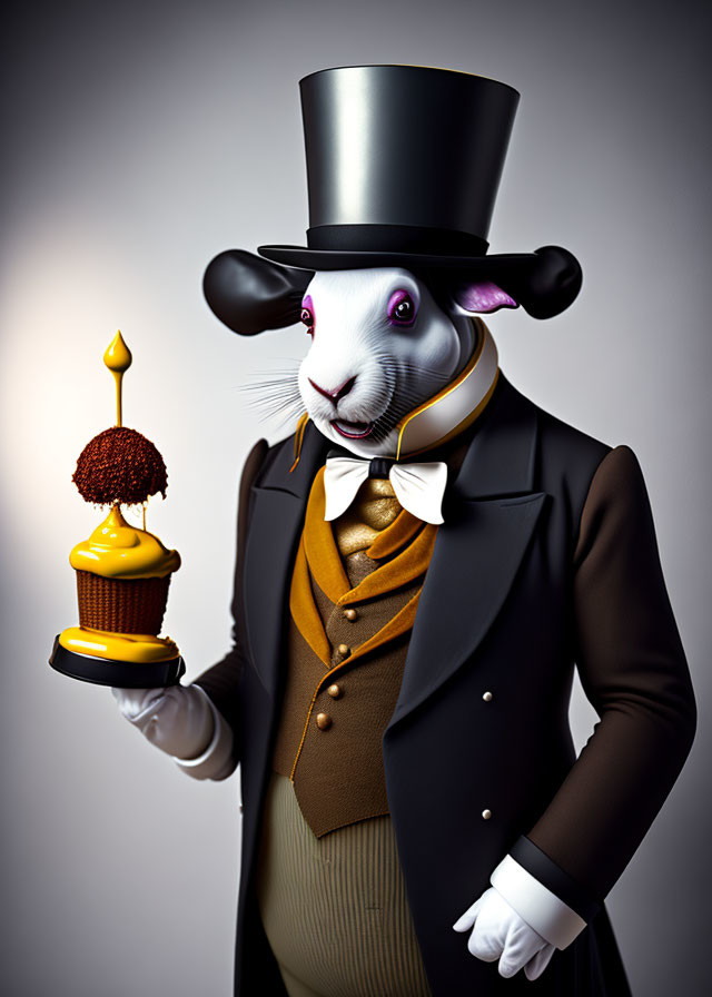 Anthropomorphic rabbit in elegant suit holding cupcake with lit candle