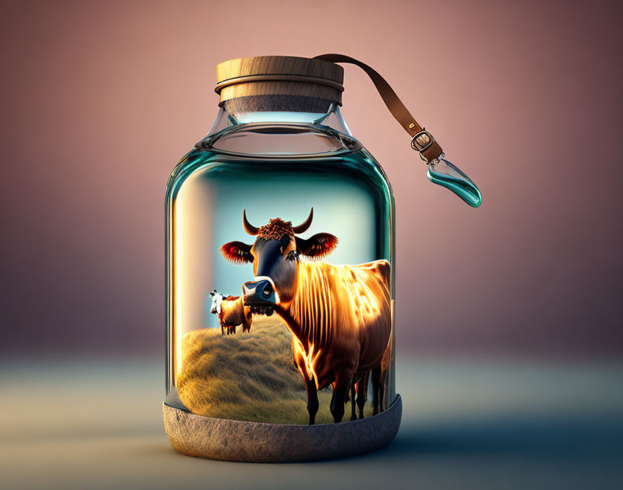 Whimsical cow illustration in glass jar with camera on surreal grassy mound