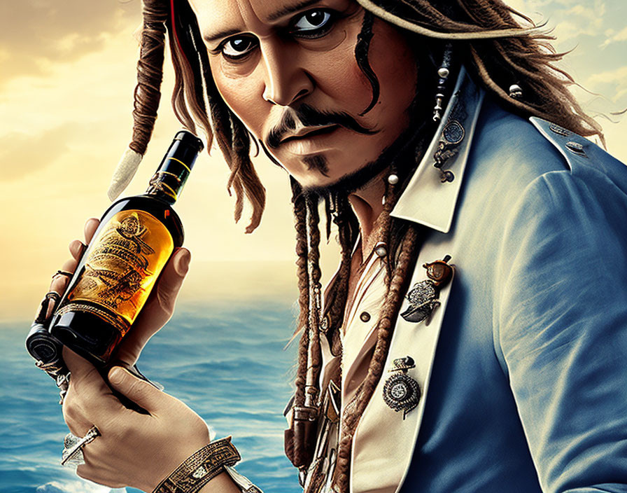 Costumed pirate character with dreadlocks holding rum bottle against cloudy sky.