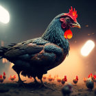 Enormous Rooster in Apocalyptic Landscape with Chickens and Onlookers