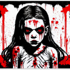 Creepy girl with red eyes and blood splatters in artwork