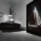 Monochrome artwork of draped figure by bed under surreal sky