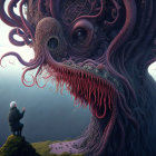 Fantastical creature with swirling tentacles in misty landscape.