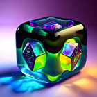 Colorful Glass Cube Reflecting Neon Hues on Purple Background