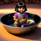 Animated young girl with bob haircut in frying pan holding smaller pan.