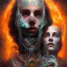 Surreal portrait of three ghoulish faces against fiery backdrop