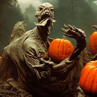 Monstrous tree-like creature in spooky forest with pumpkins