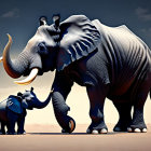 Digitally altered image of elephant with rhinoceros head and small blue elephant in desert.