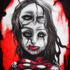 Monochrome portrait of girl with red eyes and bleeding tears, entangled in red-veined tendr