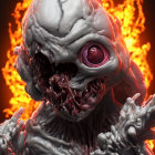 Sinister skull-faced figure with glowing eyes in fiery setting.