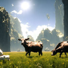 Cows grazing in field with futuristic spaceships and dramatic sky