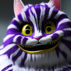 Whimsical purple cat with fangs, glowing eyes & horns