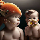 Vibrant surreal art: child and tentacled creature face off