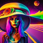 Stylized character in green hat with headphones and sunglasses against colorful sky.