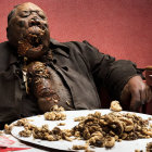 Man Covered in Chocolate Surrounded by Pastries on Table