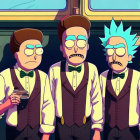 Three animated characters in matching outfits with different expressions in a stylized spaceship interior