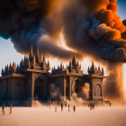 Intricate temple structure in smoke with silhouetted figures at sunset