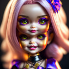 Colorful doll with oversized head, purple hair, butterfly accessory, corn cob earrings, and textured outfit