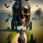 Surreal painting of towering creature with skull-like features