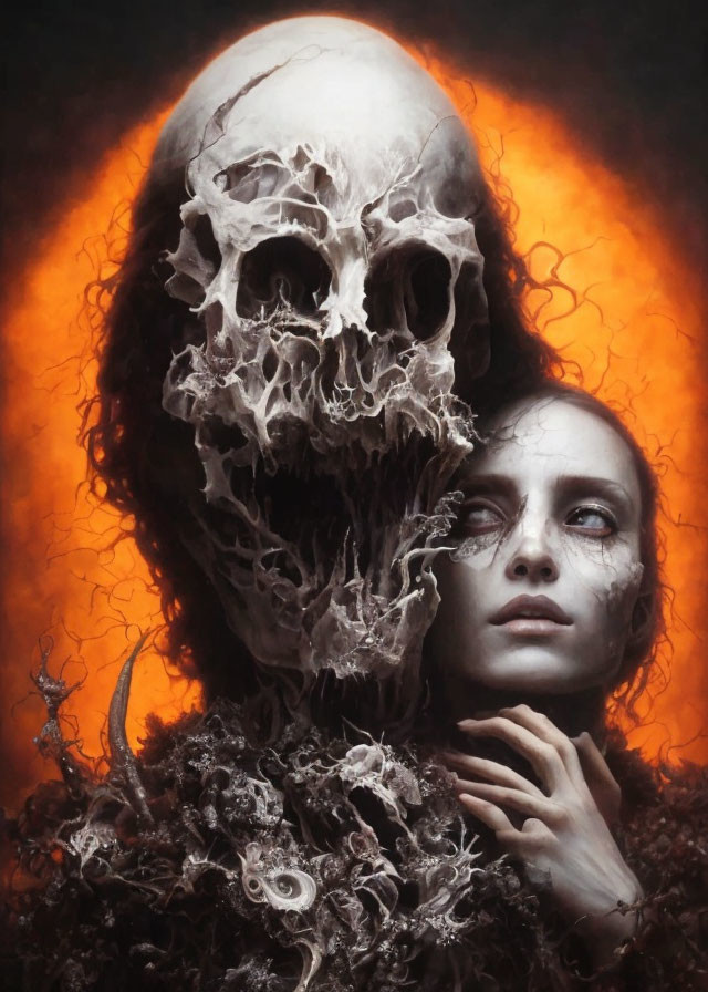 Woman with haunting expression next to large skull on fiery backdrop