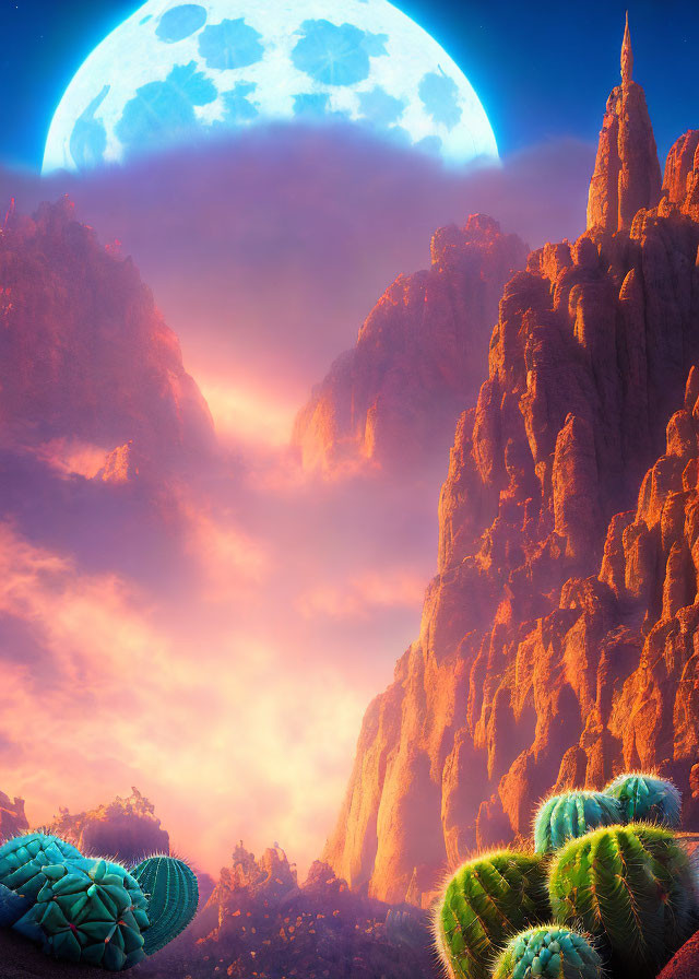 Fantasy landscape with towering rock formations and glowing orange sky