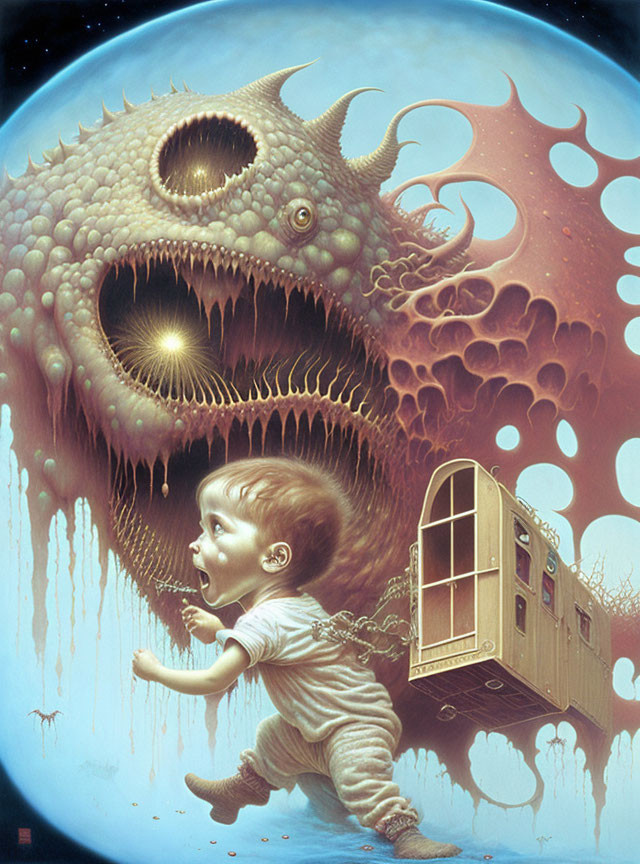 Surreal painting: baby, caravan, monster in dreamlike scene