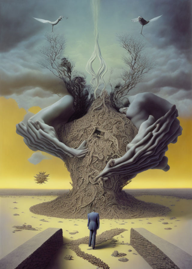 Surreal painting: tree with hands, humanoid figure, checkerboard floor, birds, floating fish