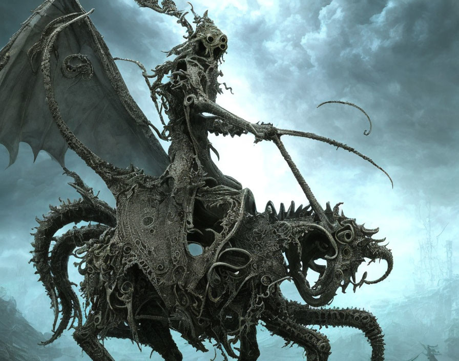 Skeletal figure riding dragon-like creature under cloudy sky