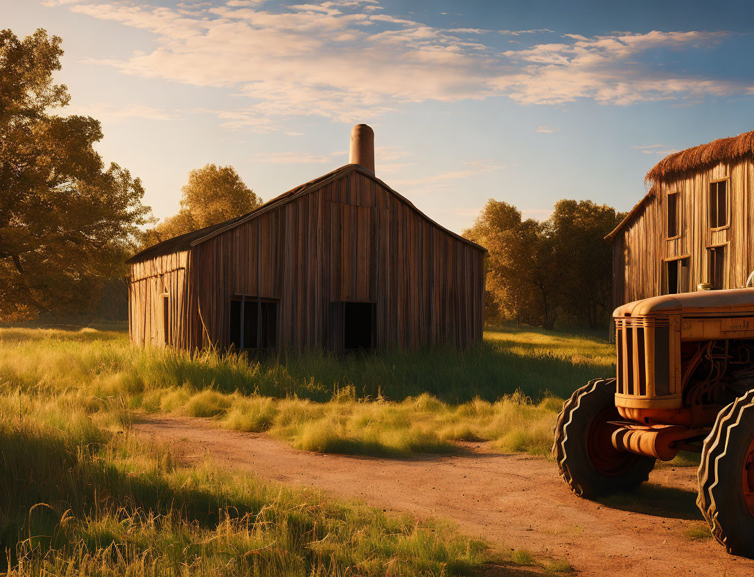 Rustic wooden barn, tractor, grassy field, trees in golden hour