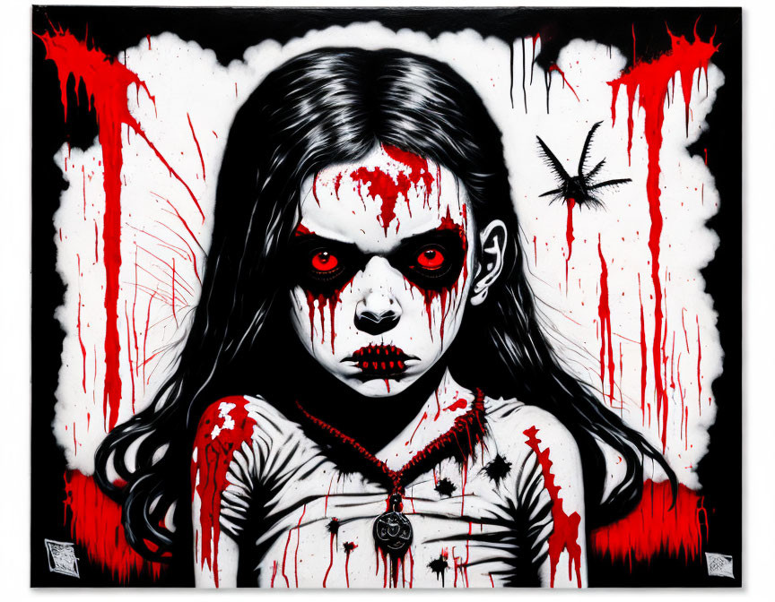 Creepy girl with red eyes and blood splatters in artwork