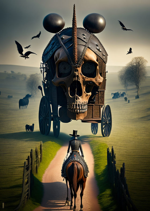 Surreal horse-drawn carriage with skull crown in pastoral landscape