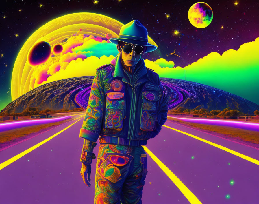 Colorful digital artwork: Person in patterned outfit on neon-lit road with surreal sky.