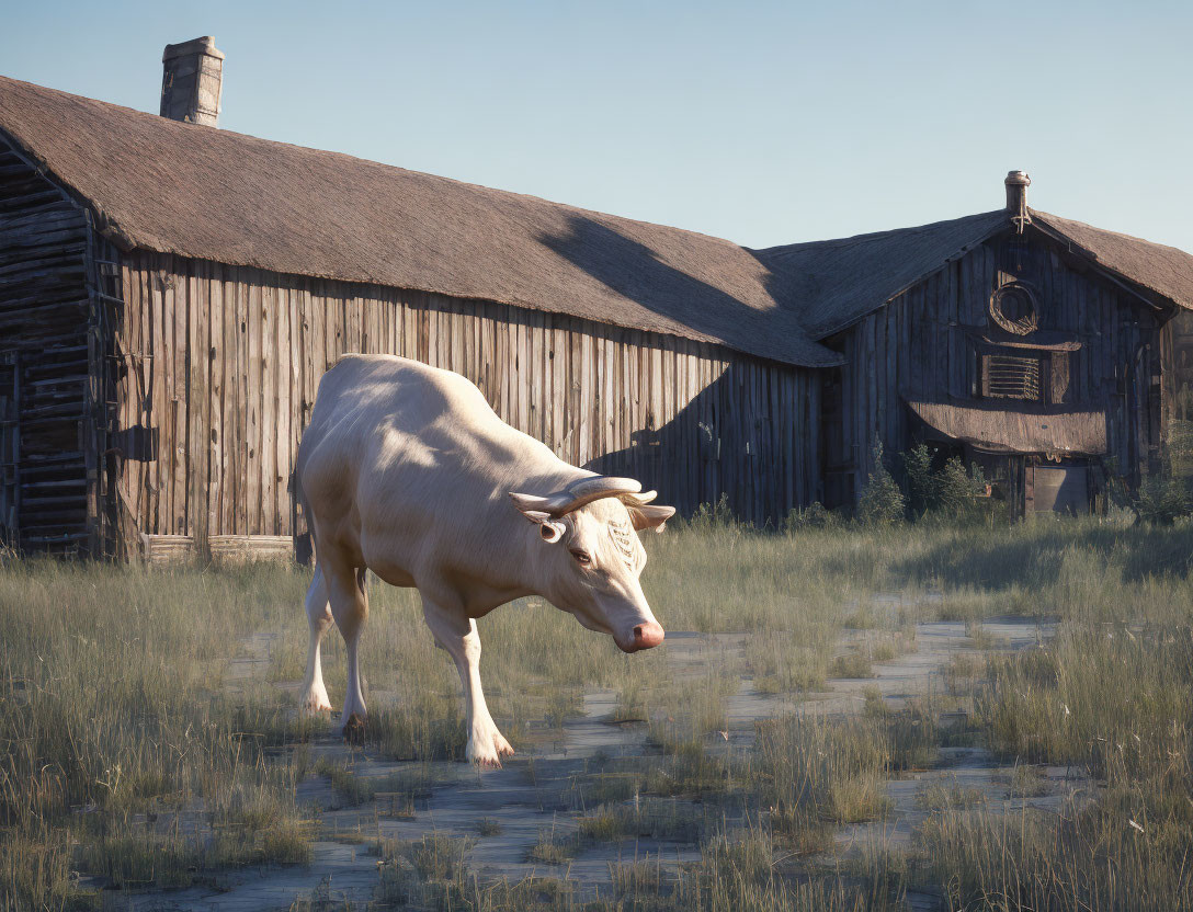 Cow in tall grass near old wooden barns under clear sky