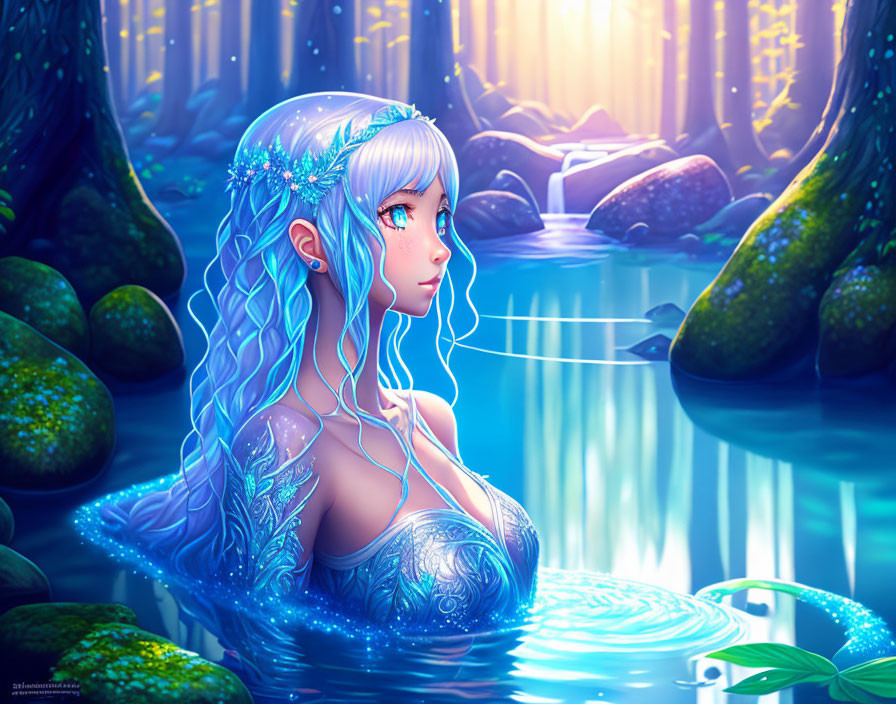 Ethereal woman with blue hair in forest waters under sunlight