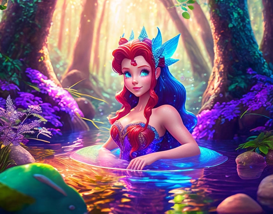 Red-haired fairy with blue wings in forest pond amidst vibrant flora