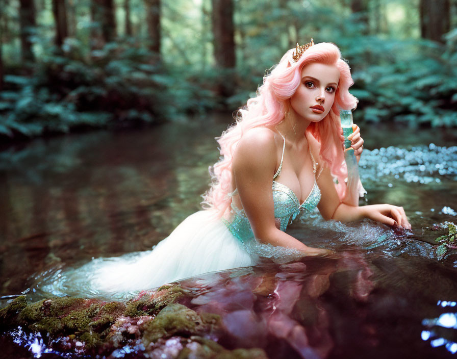 Pink-haired woman in crown and gown with green potion in serene forest