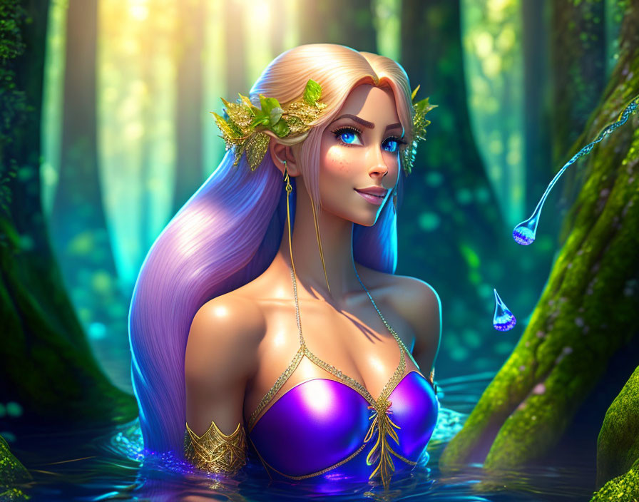 Fantasy elf with lavender hair in enchanted forest