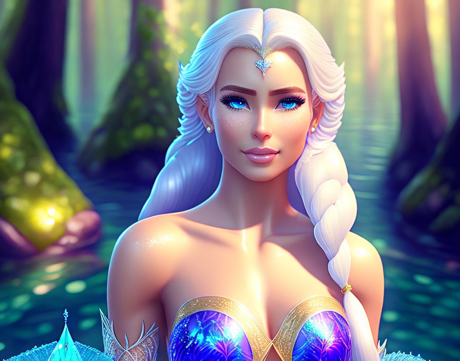 Fantasy digital illustration: White-haired woman in blue gown in enchanted forest