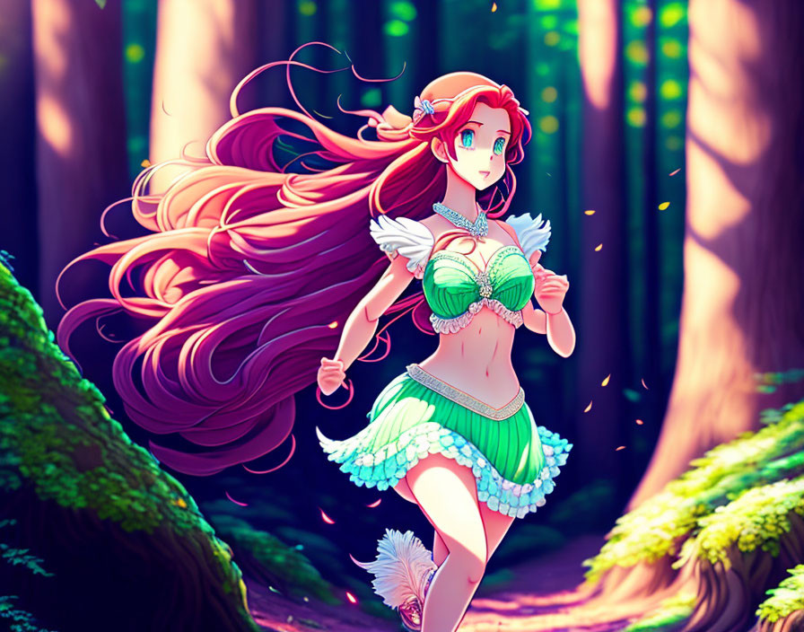 Illustration of girl with flowing hair in sunlit forest