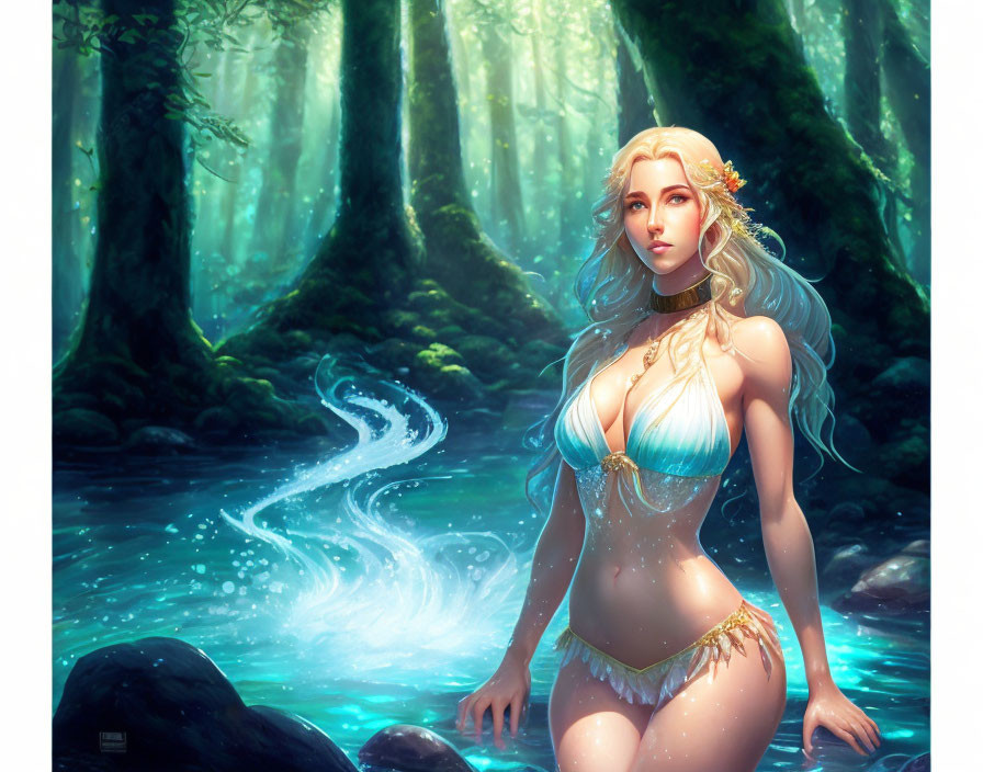 Long-haired woman by mystical forest stream with light filtering through canopy