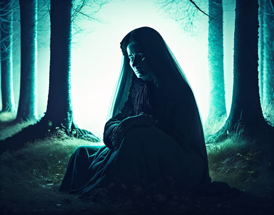 Mysterious Figure in Dark Cloak in Moonlit Forest