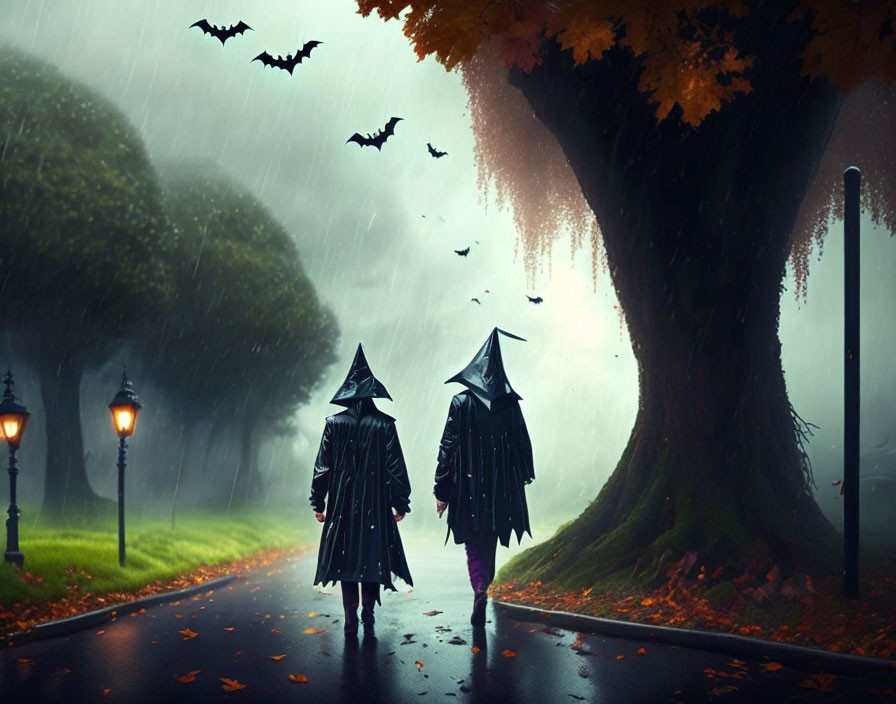 Two individuals in witch costumes on rainy, lamp-lit street with bats and autumn trees.