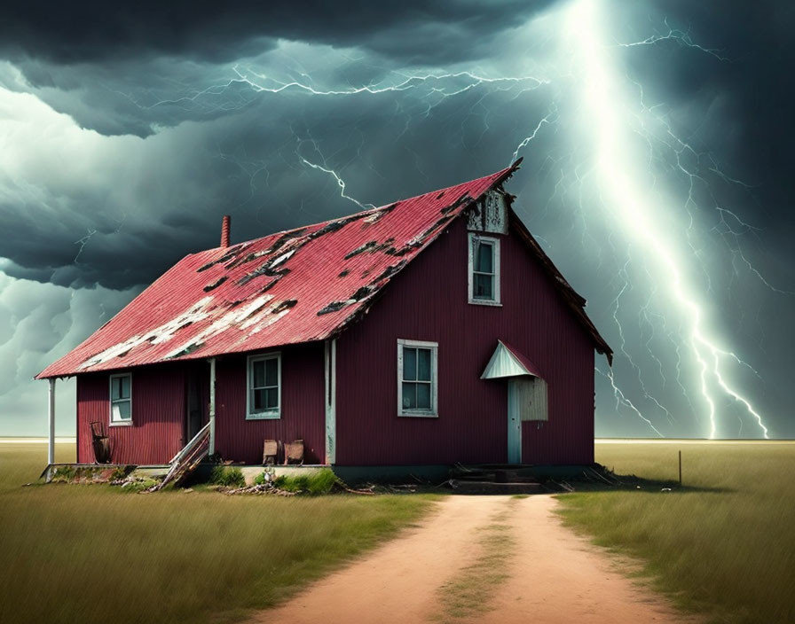 Weathered red farmhouse under stormy sky with lightning bolts