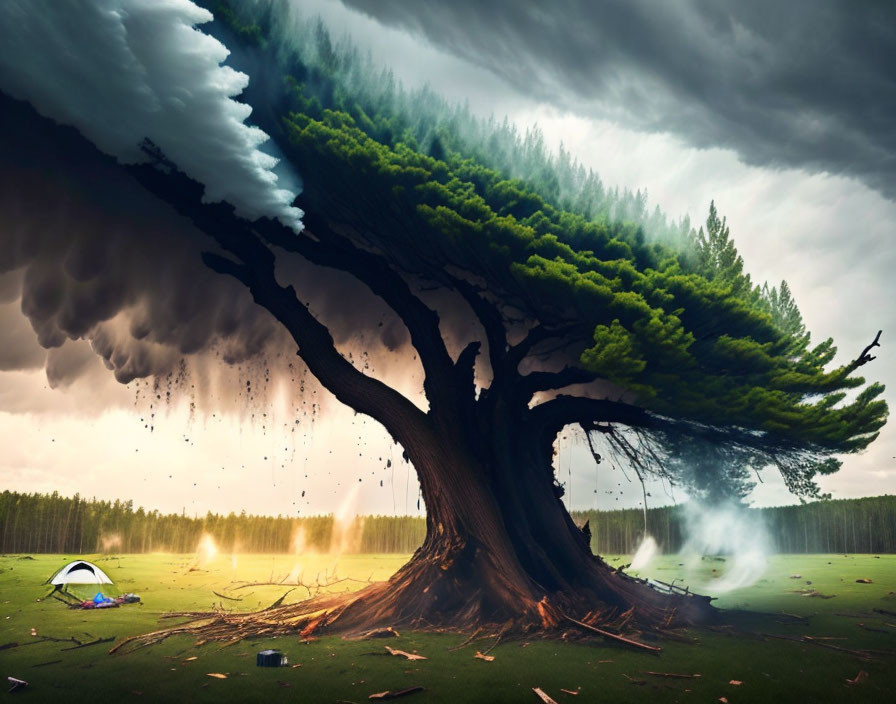 Surreal image of massive tree with storm clouds and rain above tent.