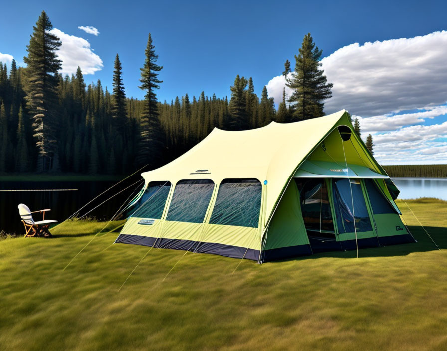 Green and Tan Tent by Tranquil Lake with Chair on Grass