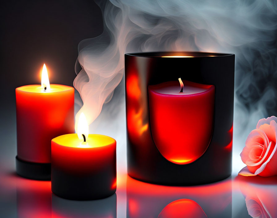 Reflective candles and pink rose on dark background with rising smoke