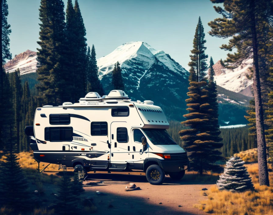 Snow-capped mountain view with RV in pine forest