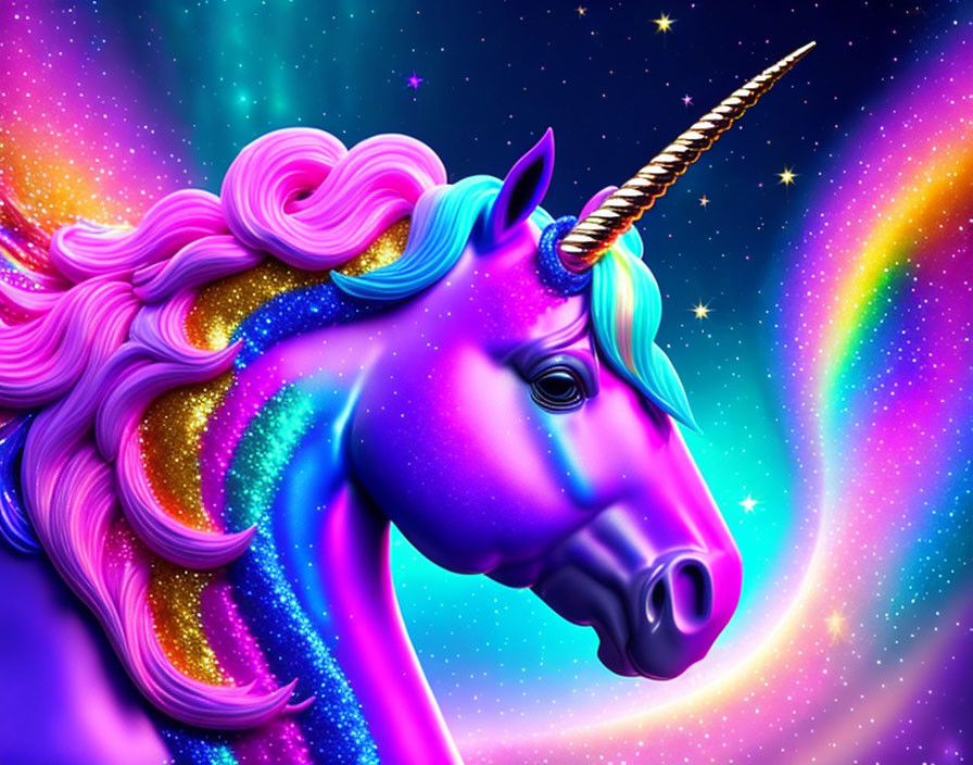 Colorful Unicorn Illustration with Golden Horn on Starry Background