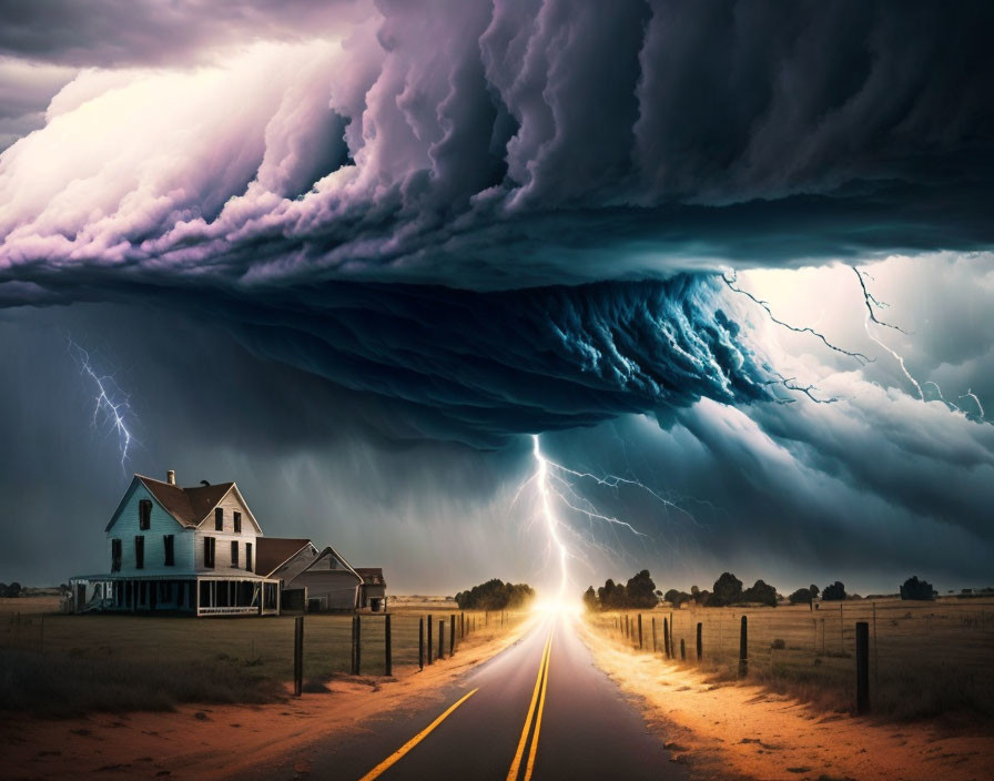 Thunderstorm with Lightning Over Rural Road and House: Dark Clouds and Intense Weather