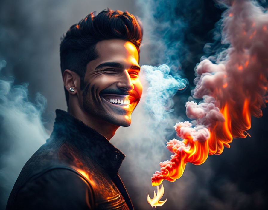 Stylish man with bright smile and fiery hand on dark background